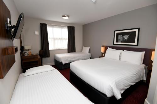 邓巴Pine Marten, Dunbar by Marston's Inns的酒店客房设有两张床和窗户。