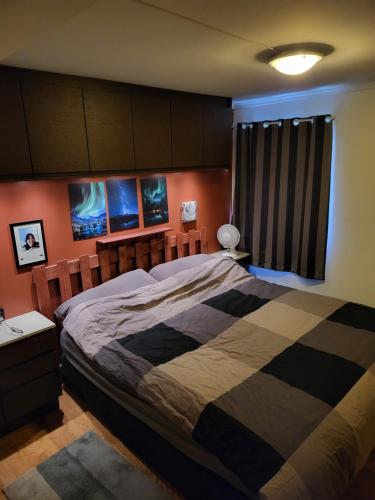 阿伦达尔Sentrumsleilighet med gratis parkering til leie的一间卧室设有一张大床和一个窗户。