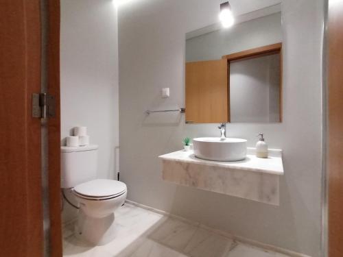 丰沙尔Apartments Madeira Funchal City的一间带水槽、卫生间和镜子的浴室