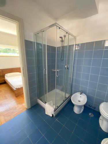 泰拉奇纳Domus的蓝色瓷砖浴室配有淋浴和卫生间。