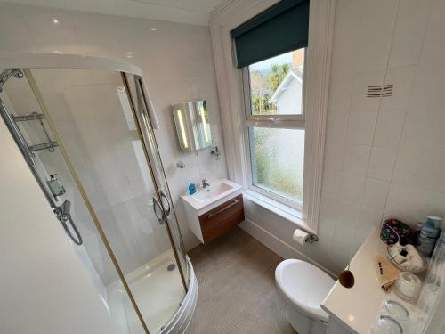 尚克林Birkdale Guest House的带淋浴、卫生间和盥洗盆的浴室