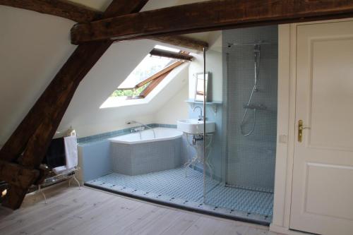 马斯特里赫特安妮列斯普雷斯住宿加早餐旅馆的阁楼浴室配有淋浴和盥洗盆。