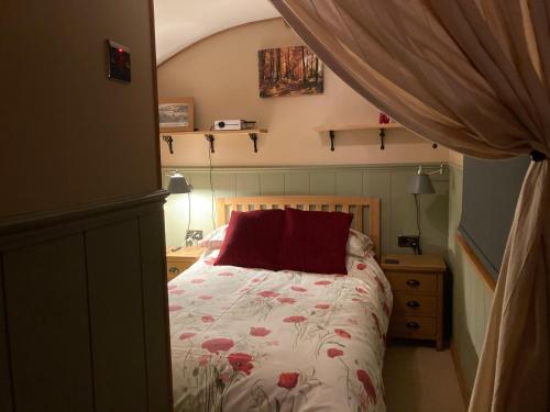 索尔塔什Brook the Shepherd Hut的一间卧室配有一张红色枕头的床