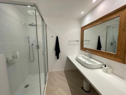 巴古尔Cap Sa Sal - Sa Roca 3的带淋浴、盥洗盆和镜子的浴室