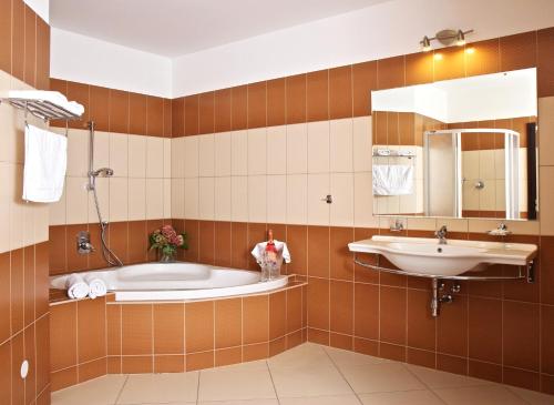 比尔森波宏达运动旅馆的带浴缸和盥洗盆的浴室
