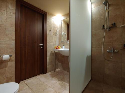 艾拉方索斯Simosmare Resort的带淋浴、卫生间和盥洗盆的浴室