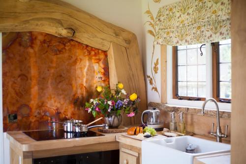 赫里福德The Queen Bee Cabin的一个带水槽和木墙的厨房