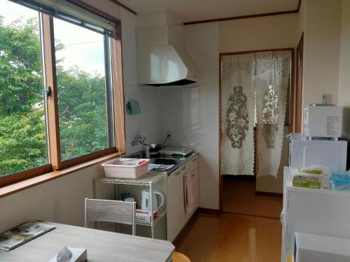 秋田Apartment House Akita的厨房配有炉灶、冰箱和窗户。