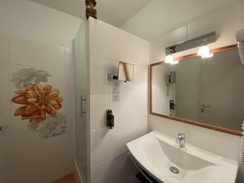 穆斯捷-圣玛丽Hôtel Le Colombier的一间带水槽和镜子的浴室