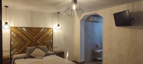 鲁伊德拉Hostal Restaurante La Mancha的卧室配有一张床,墙上配有电视。