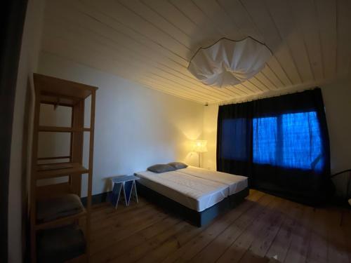 萨拉茨格里瓦Holiday apartment near the sea的一间卧室设有一张床、一个窗户和一个吊灯。