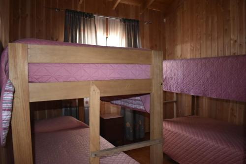 里坎雷Cabaña Los Maquis的配有紫色床单的客房内的两张双层床