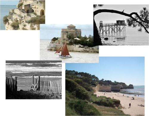 吉伦特河畔梅谢尔Chambre d'hôtes le Berceau的海滩和海洋照片的拼合