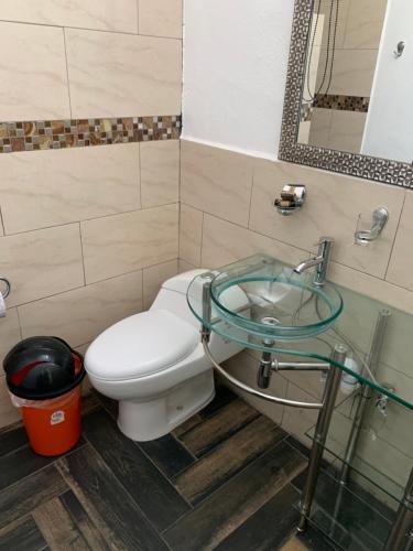 加尔潘Los Ángeles Hotel的一间带卫生间和玻璃水槽的浴室