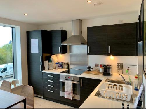 爱丁堡Beautiful modern sea-side apartment in the city的厨房配有黑色橱柜和炉灶烤箱。