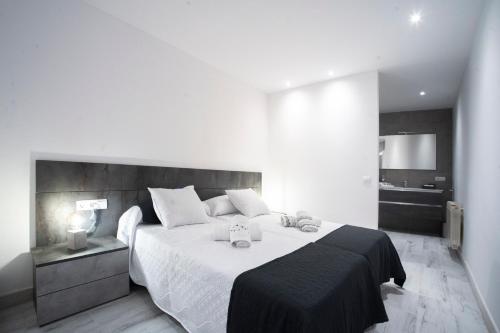 普奇塞达Piso de diseño en el centro de Puigcerdà的卧室配有一张白色大床和电视。