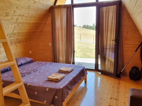 UdabnoCottage in Udabno的一间卧室设有一张双层床和大窗户。