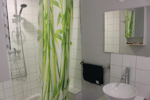 Buzet-sur-BaïseGîte proche canal La Conserverie的浴室设有布满植物的浴帘