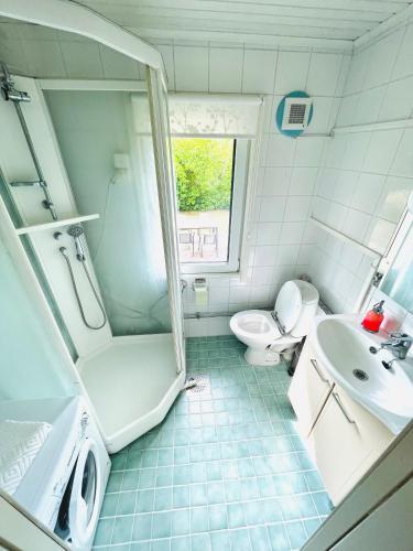 JomalaGula huset的带淋浴、卫生间和盥洗盆的浴室