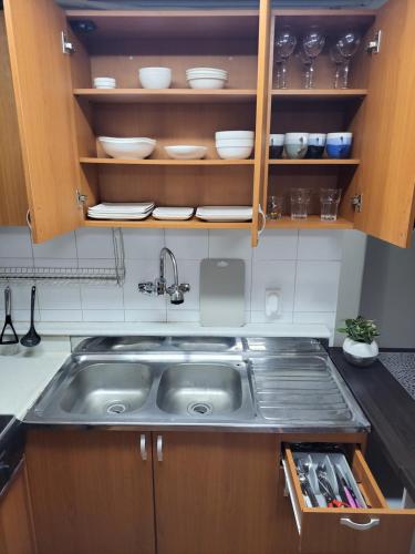 首尔Newly renovated spacious 2 bedroom unit in HBC的一个带水槽和木橱柜的厨房