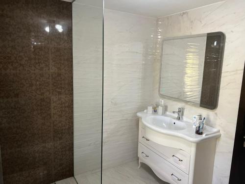 锡盖图马尔马切伊Casa Rafael的一间带水槽和玻璃淋浴的浴室