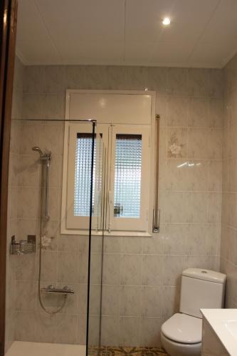 巴斯Precioso apartamento con sauna y terraza的带淋浴和卫生间的浴室以及窗户。
