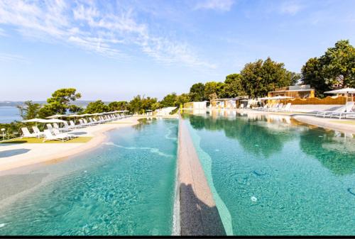 塞尔瑟Villa Family Grand de Luxe Mobilhome的海滩旁的蓝色海水游泳池