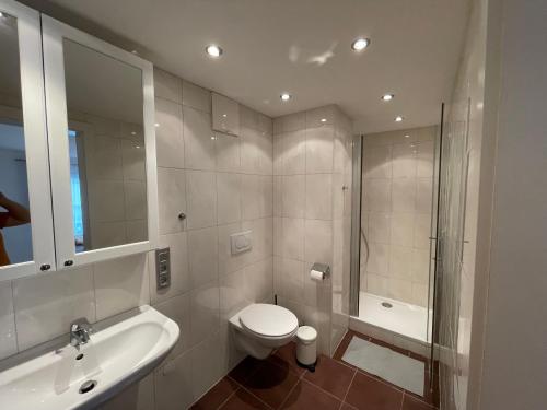 圣沃尔夫冈Gulewicz Apartments的浴室配有卫生间、盥洗盆和淋浴。