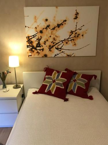 乌普萨拉Anikos的一间卧室配有一张带红色枕头的床和一幅画