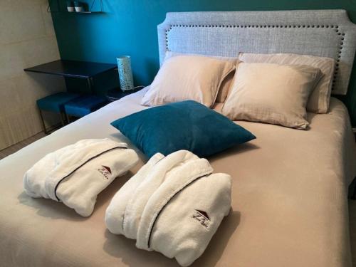勒皮安·梅多克Wine Hôte Chambre d'hôtes的一张带毛巾和枕头的床