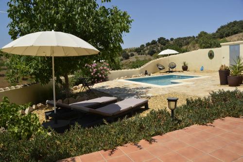 La LosillaLuz de la Luna B&B, Casa Rural的游泳池旁设有遮阳伞和躺椅