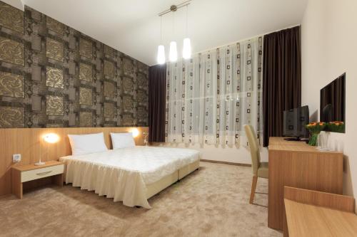 大特尔诺沃天空酒店的一间卧室配有一张床、一台电视和一张书桌