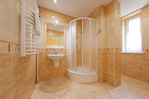 维斯瓦Rezydencja Izabella的带淋浴和盥洗盆的浴室
