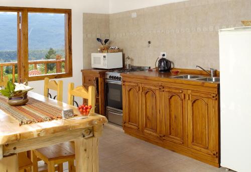 埃博森苏卡尔度假屋的厨房配有木制橱柜、水槽和桌子