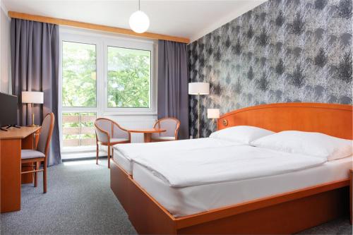 卢捷拿纳德德斯努Resort Dlouhé Stráně的酒店客房带一张床、一张桌子和椅子