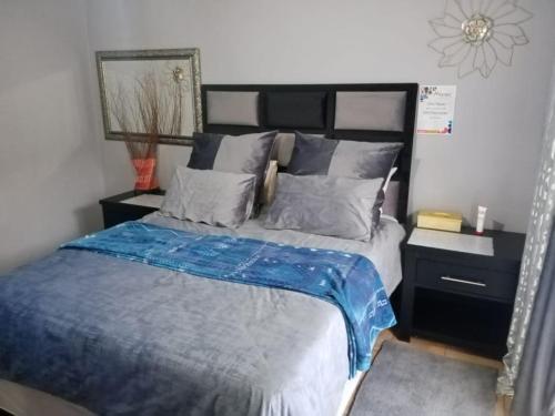 韦尔科姆Mosaic Guesthouse Welkom的一间卧室配有一张带蓝色床单和枕头的床。