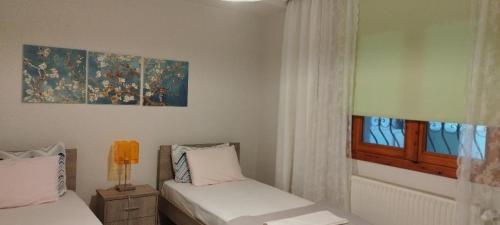 塞萨洛尼基Virginia Apartment的一间卧室设有两张床,墙上挂着一幅画