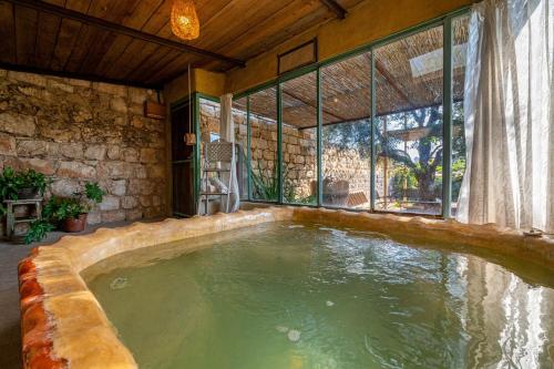 IlaniyyaHemdatya Stone Suites In The Galilee的大型游泳池,位于带大窗户的房屋内