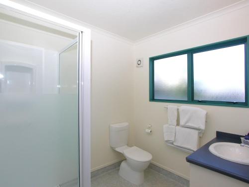 马斯特顿Discovery Motor Lodge的一间带卫生间、水槽和窗户的浴室