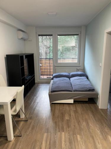 VšeminaVšemina apartmán 31的卧室配有床、桌子和窗户。