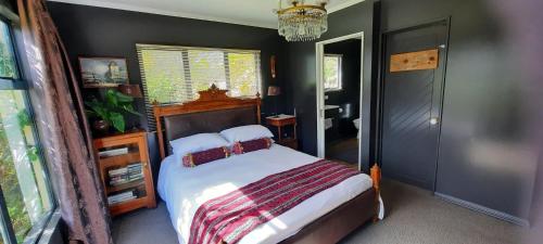 塔卡卡怀塔普泉住宿加早餐旅馆的一间卧室配有一张床和一个吊灯