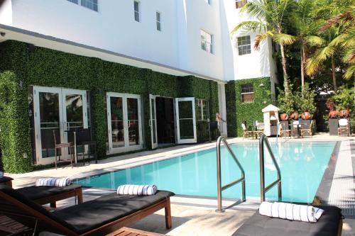 迈阿密海滩迈阿密海滩圣胡安酒店的一座游泳池旁设有两把躺椅