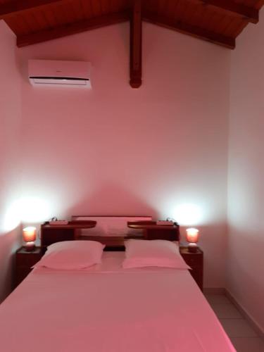 Petit-CanalARCHE DE L'ISLE的配有粉红色墙壁和灯的客房内的两张床