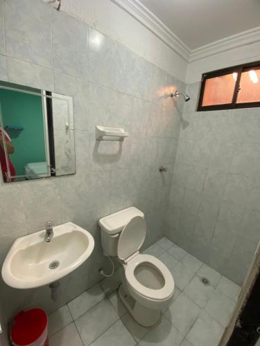 巴耶杜帕尔Hotel Napoles Valledupar的白色的浴室设有卫生间和水槽。