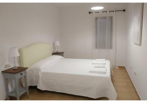 拉奥利瓦Anahi Homes Corralejo - Villa Codeso 1的白色卧室配有白色床和毛巾