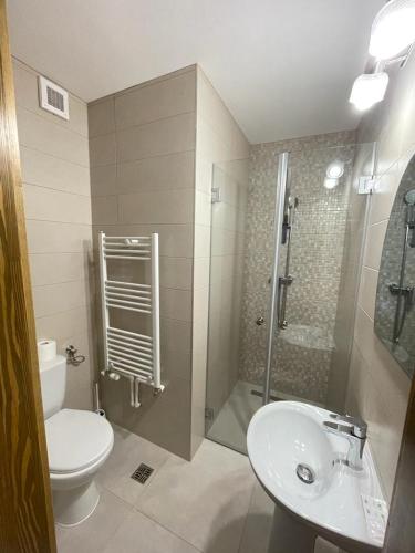 伯伊莱图什纳德Villa Hope (Vila Speranta)的浴室配有卫生间、淋浴和盥洗盆。