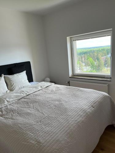 韦克舍Elme apartment的卧室内的一张白色床,设有窗户