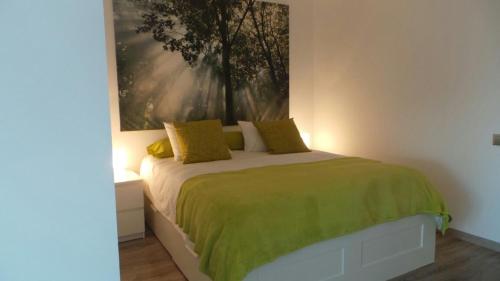 卡尼索Ventur Balcony的一间卧室配有一张带绿毯的床