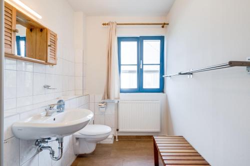 朗克维茨4-Raum Apartment bis 6 Pers 22的白色的浴室设有水槽和卫生间。