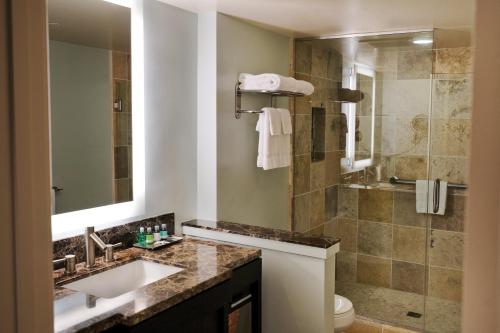 檀香山威基基温德姆皇家花园度假酒店的一间带水槽和淋浴的浴室